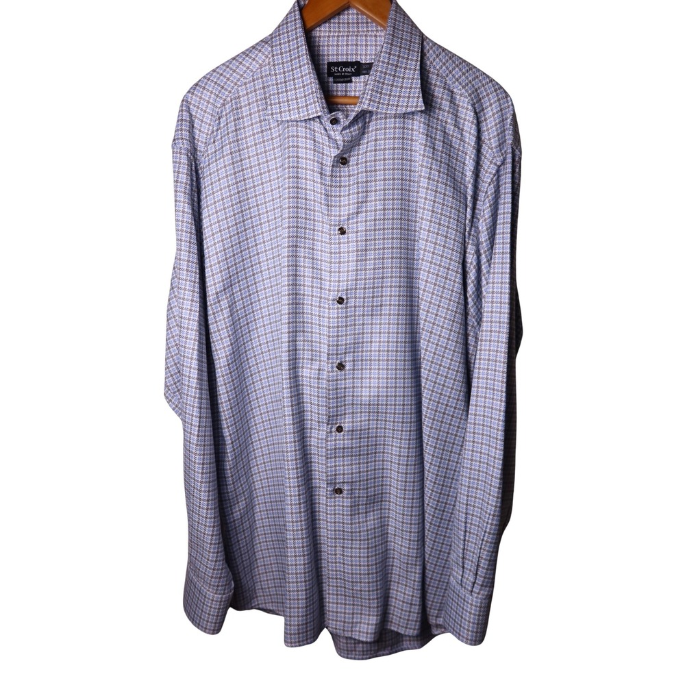 St Croix Knits Mens Large Blue Houndstooth Cotton Button Down Shirt Italy